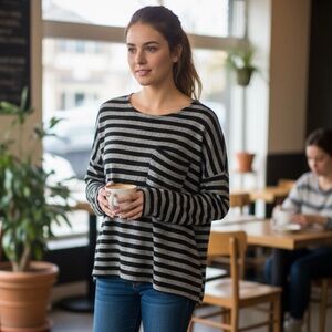 Lucky Brand Black and Gray Striped Crew Neck Sweater